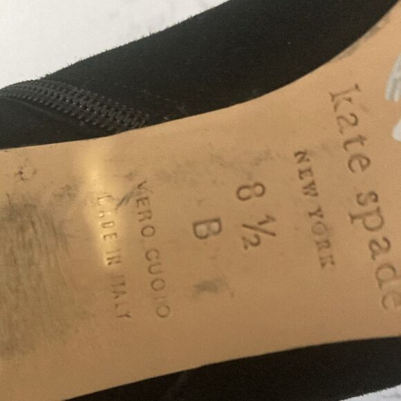 Kate Spade Aldaz Black Suede Gold Bow Ankle Boots Elegant 4” Heel Almond Toe 8.5 - Picture 9 of 10